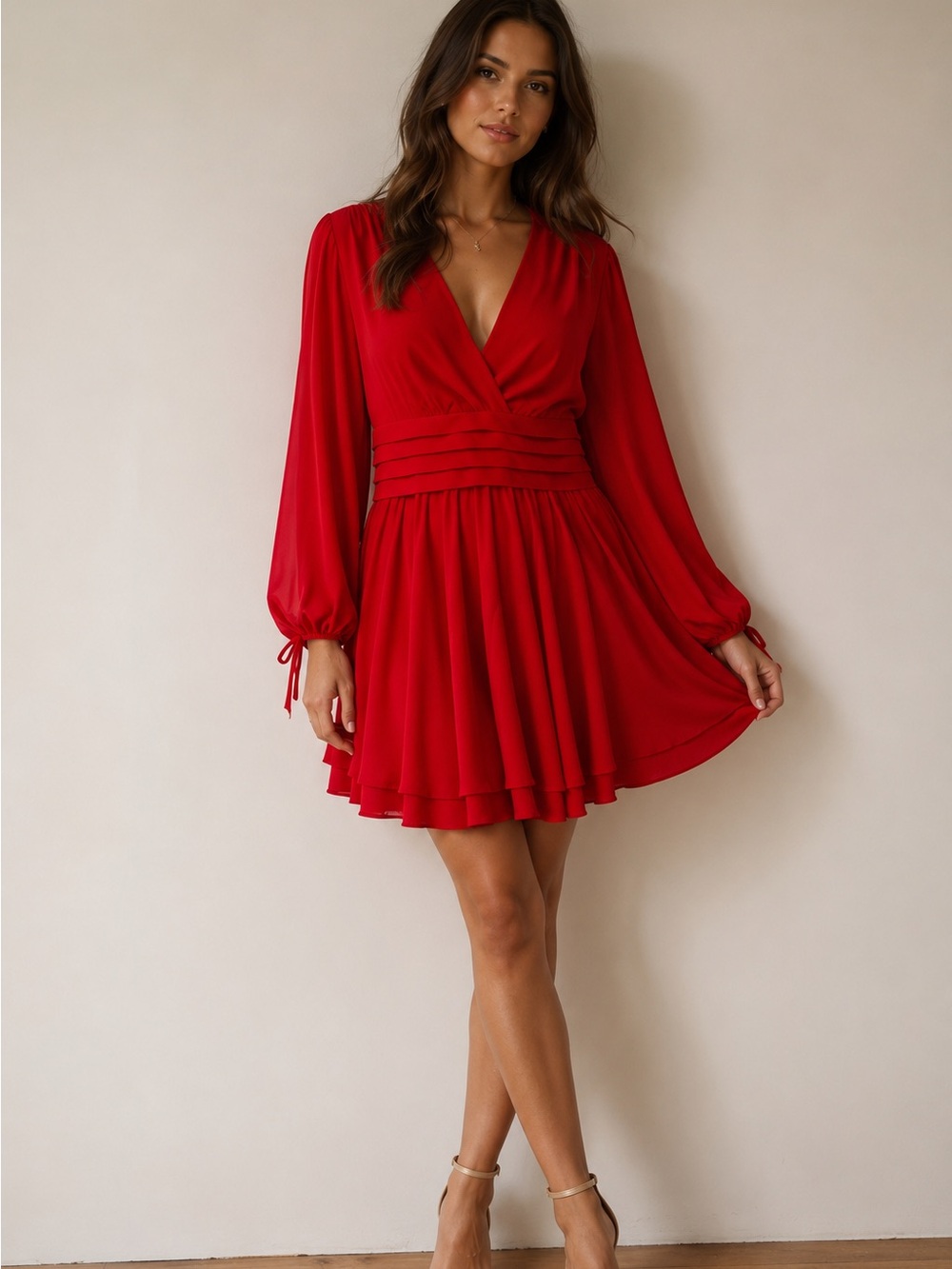 Eliza J Crimson V‑Neck Long Sleeve Pleated Waist Dress